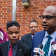 University of Virginia student Martese Johnson (center) and his lawyer, Daniel Watkins (right), speak to the media March 26, 2015, after Johnson’s hearing at the Charlottesville District Court in Virginia. Johnson was arrested by Virginia’s Alcoholic Beverage Control agents on March 18. Video in which Johnson appears bloodied went viral after his arrest. His case was continued until May 28, 2015.
Zach Gibson/Getty Images